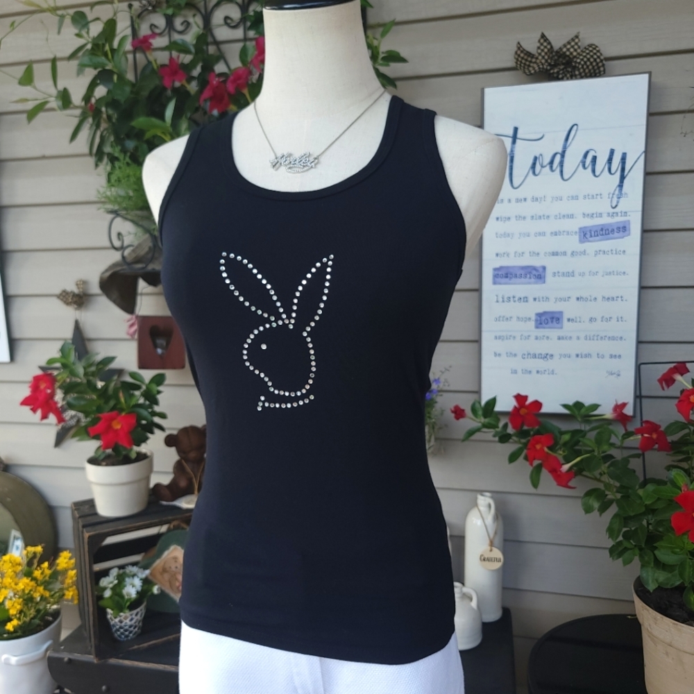 Sweet 'n Sexy Vintage Black Fitted Stretch Playboy Bunny Rhinestones Tank Top S
